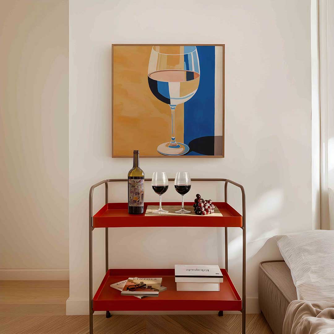Wijnglas met blauwe achtergrond Poster