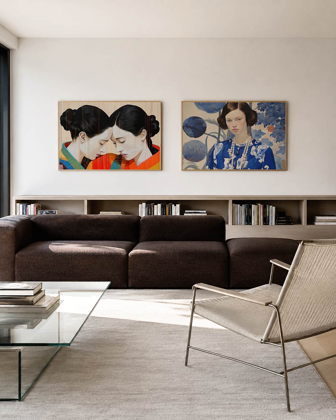 Interieurpresentatie van twee posters met twee figuren met gesloten ogen, hun hoofden zachtjes tegen elkaar