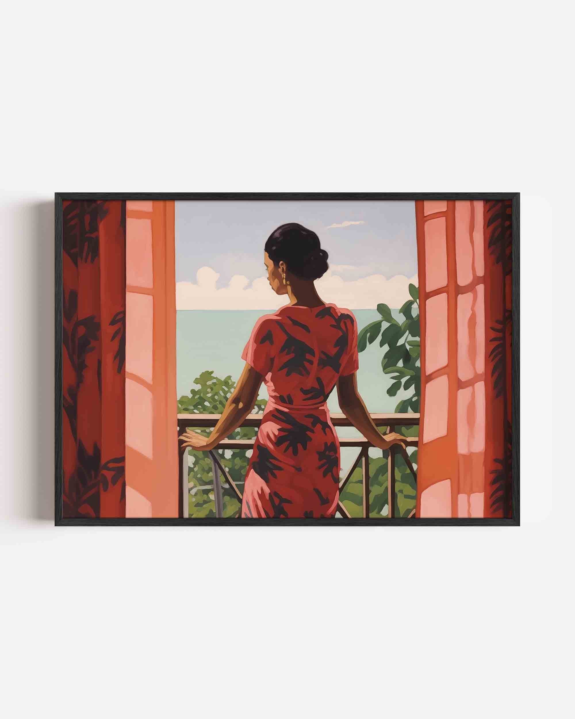 Vrouw bij balkon Poster