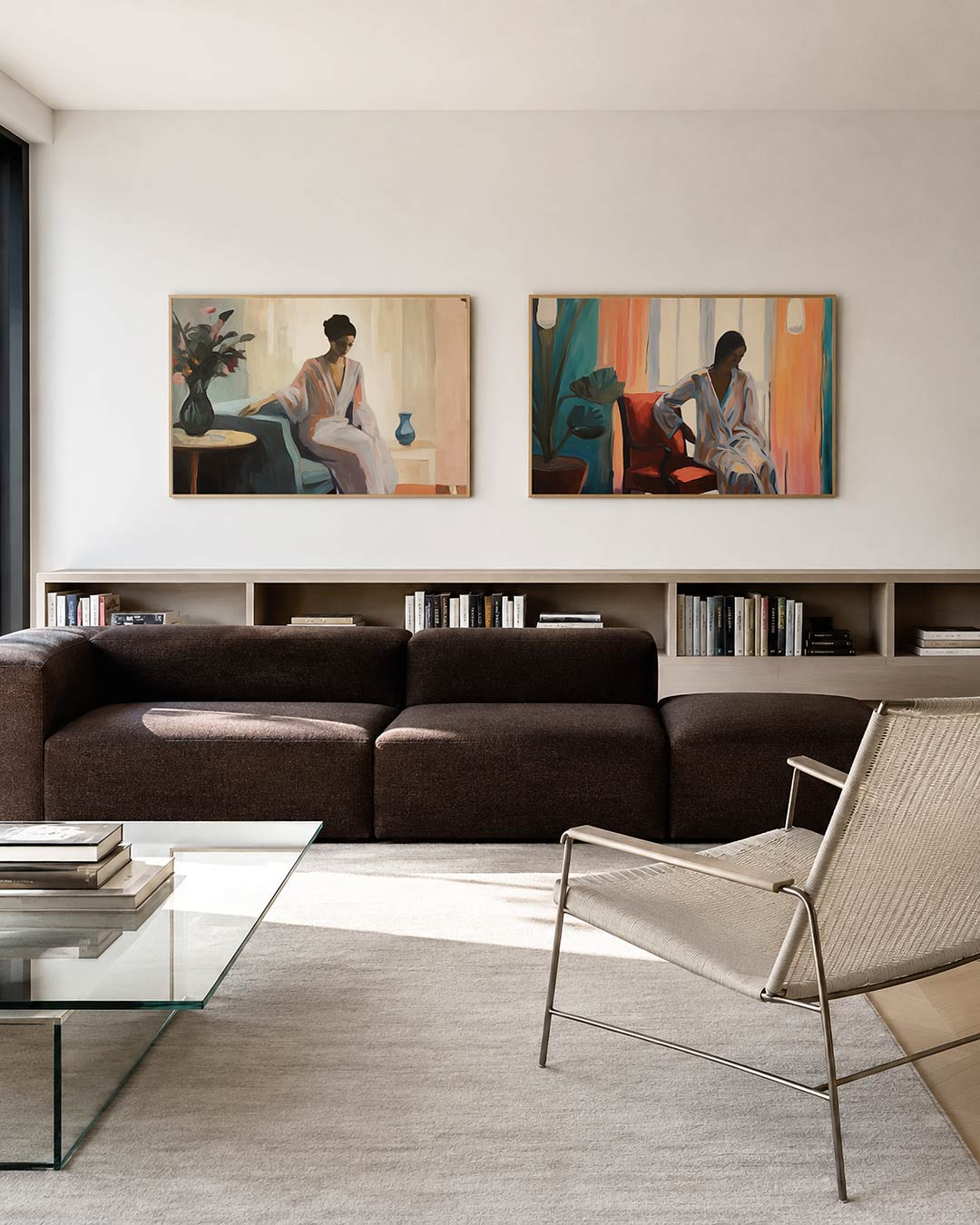 Twee liggende posters met een serene scène met vloeiende lijnen en zachte kleurvlakken, aan de muur in een interieur