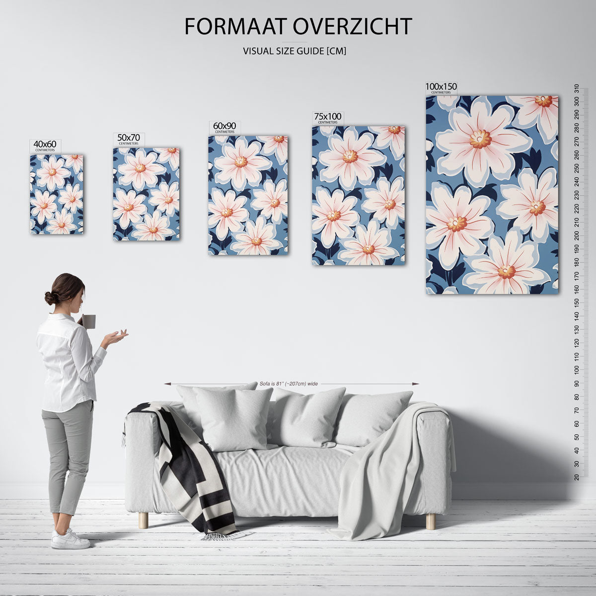 Bloemmotief op blauw Kunstwerk