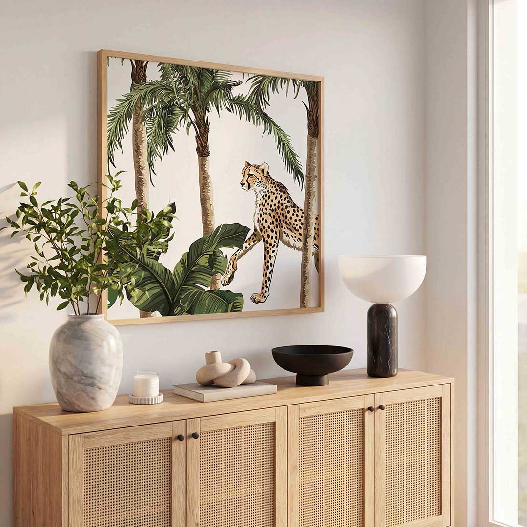 Luipaard tussen palmbomen Poster