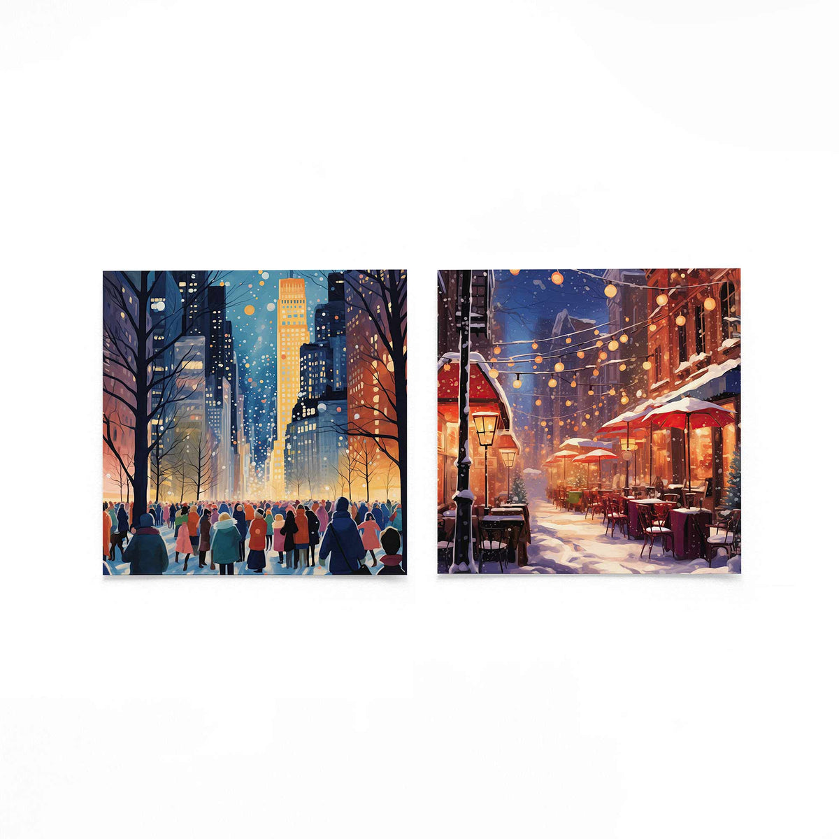 Twee vierkante posters met winterse stadslichten op een gebroken witte achtergrond