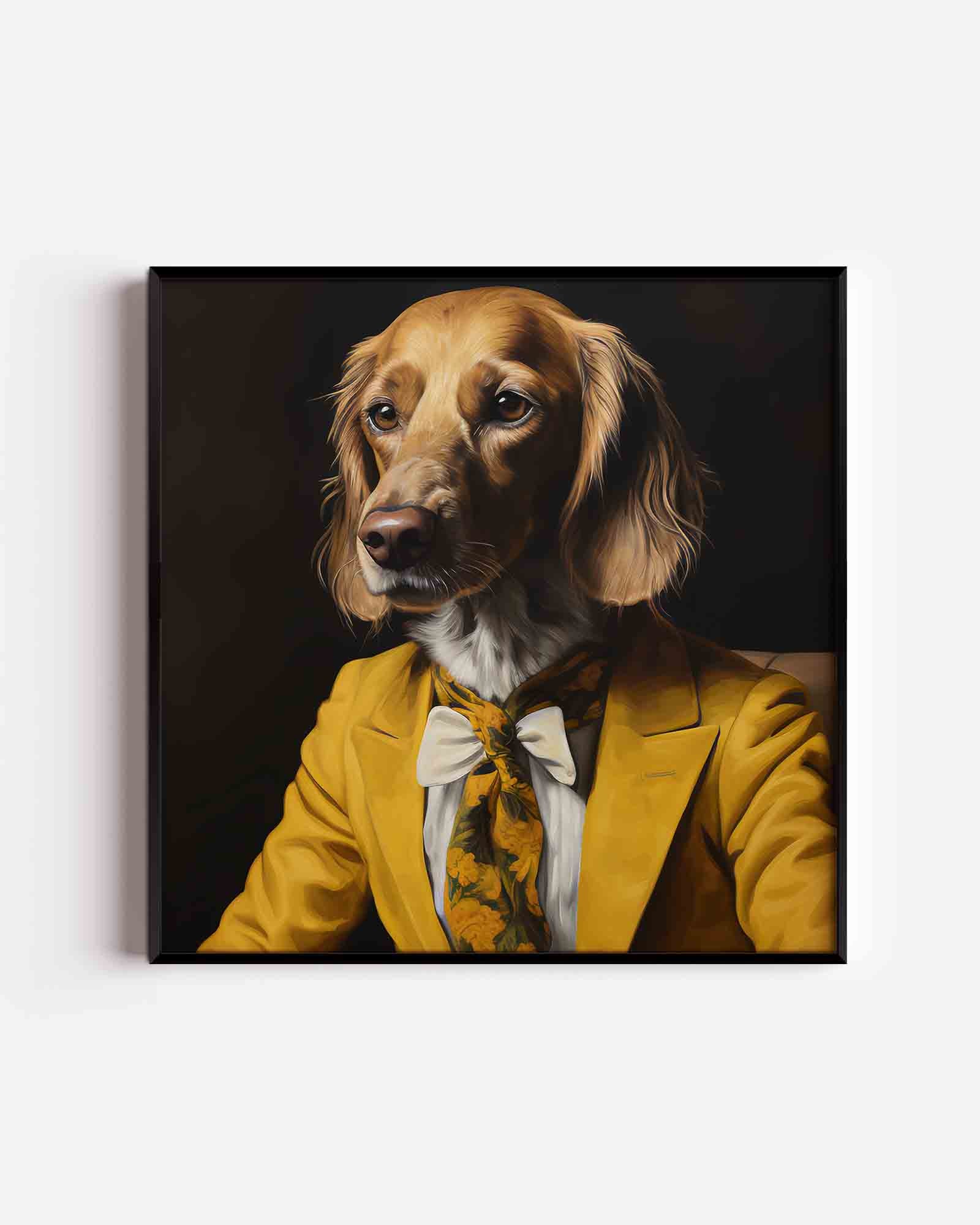 Hond in geel kostuum Poster