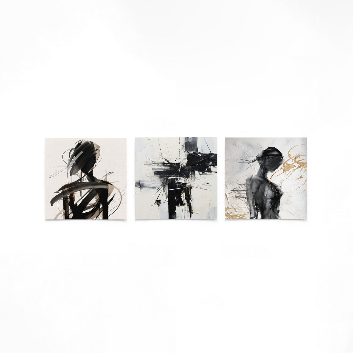 Drie vierkante posters met abstracte zwart grijze kunst op een gebroken witte achtergrond
