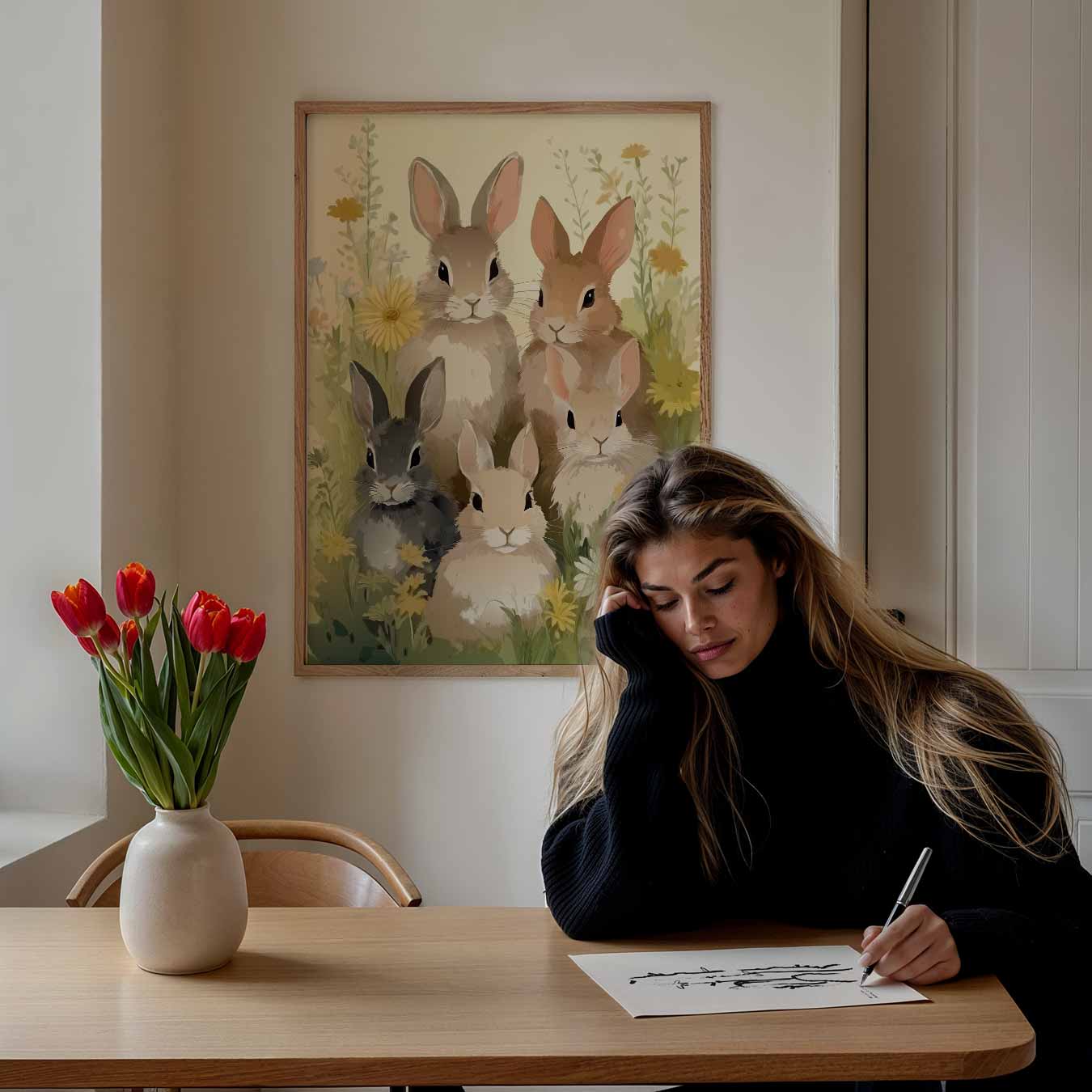 Vrolijke Konijntjes in Bloementuin Poster-WallArtistic