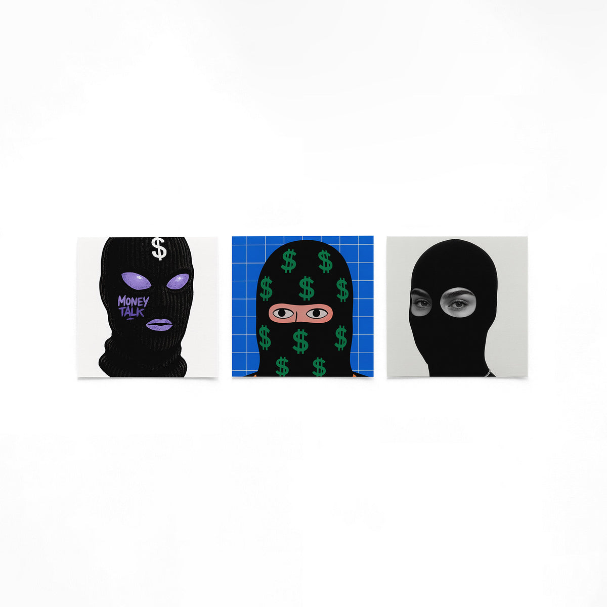 Drie vierkante posters met gemaskerde gezichten op een gebroken witte achtergrond