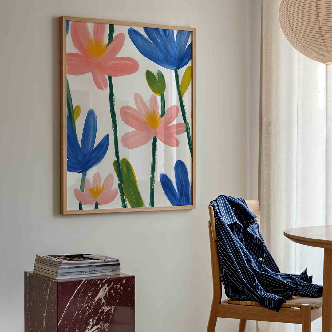 Bloemen in blauw en roze Poster