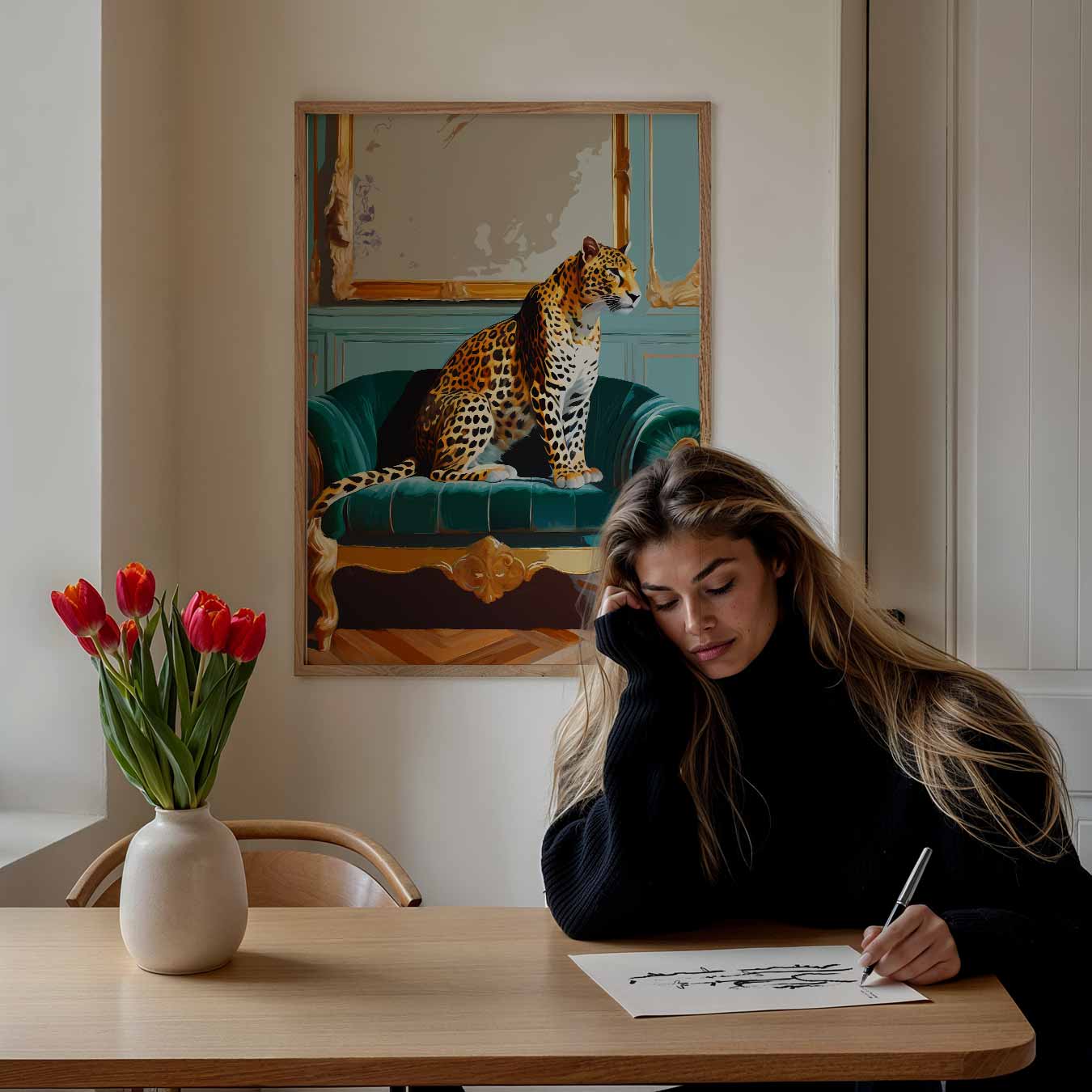 Elegante Luipaard op Luxe Sofa Poster-WallArtistic