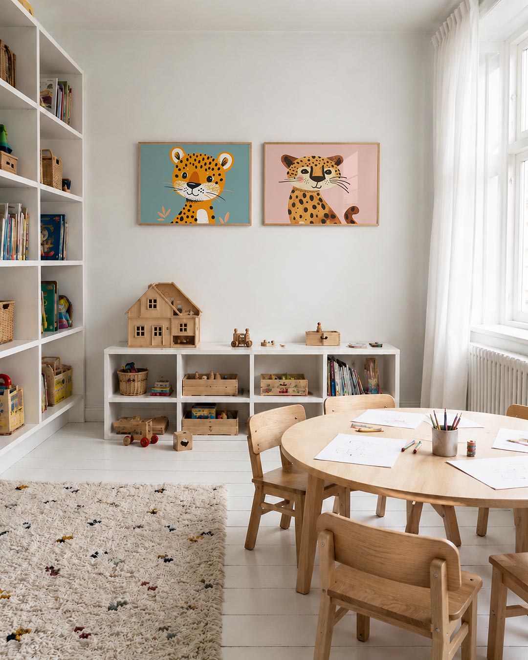 Twee liggende posters met een speelse illustratie van een lachende, aan de muur in een interieur