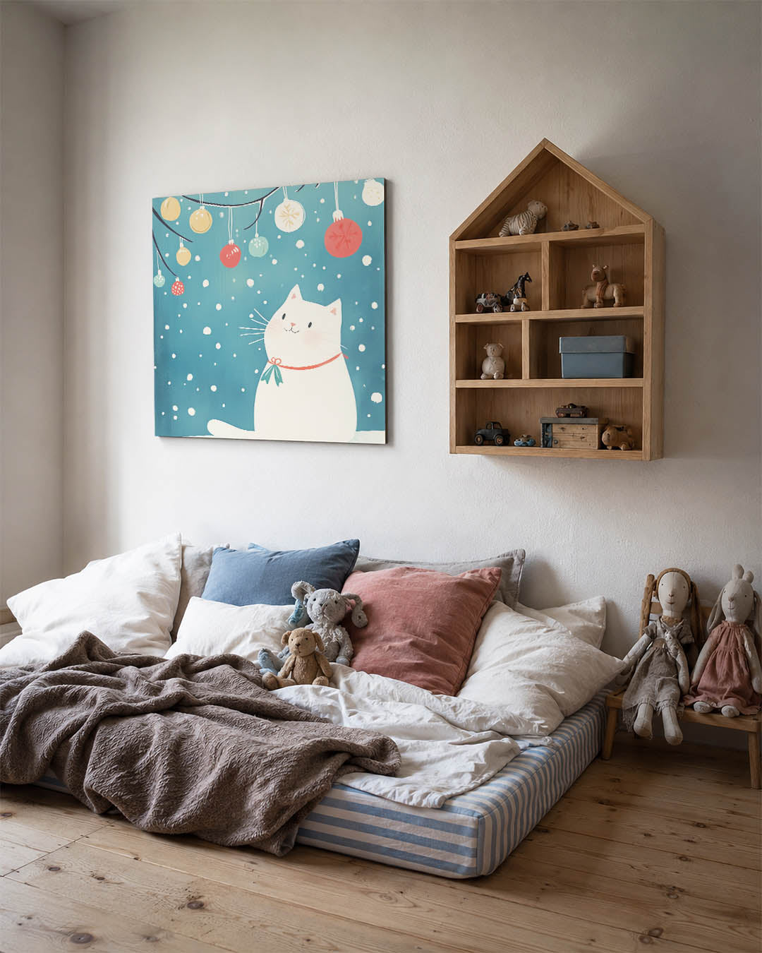 Speelse kat en sneeuwvlokken Kunstwerk