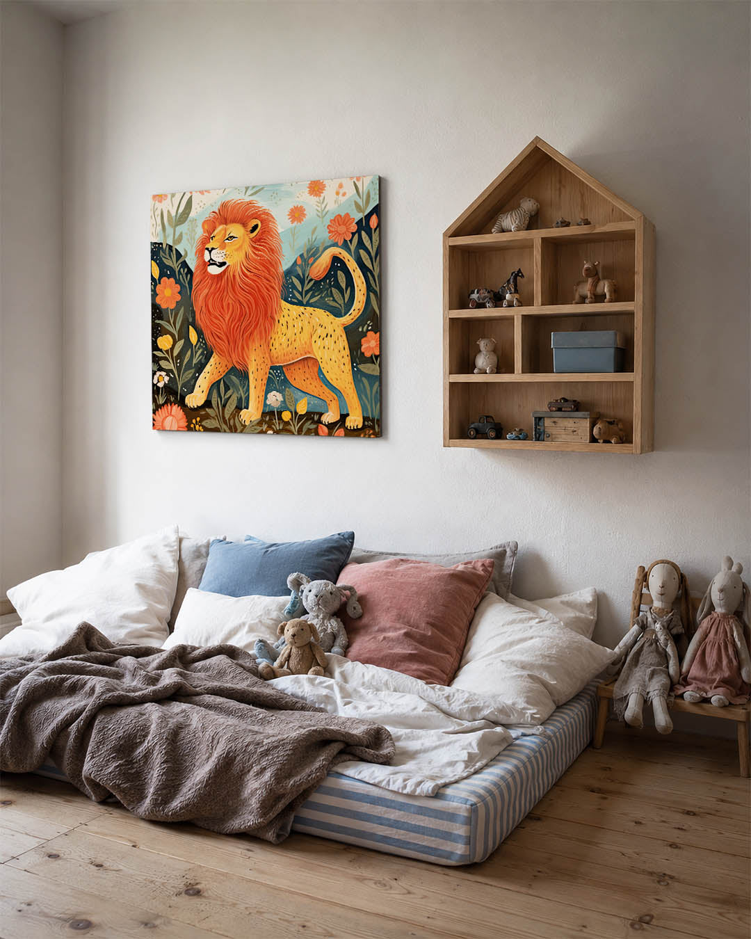 Leeuw in bloemenveld Kunstwerk