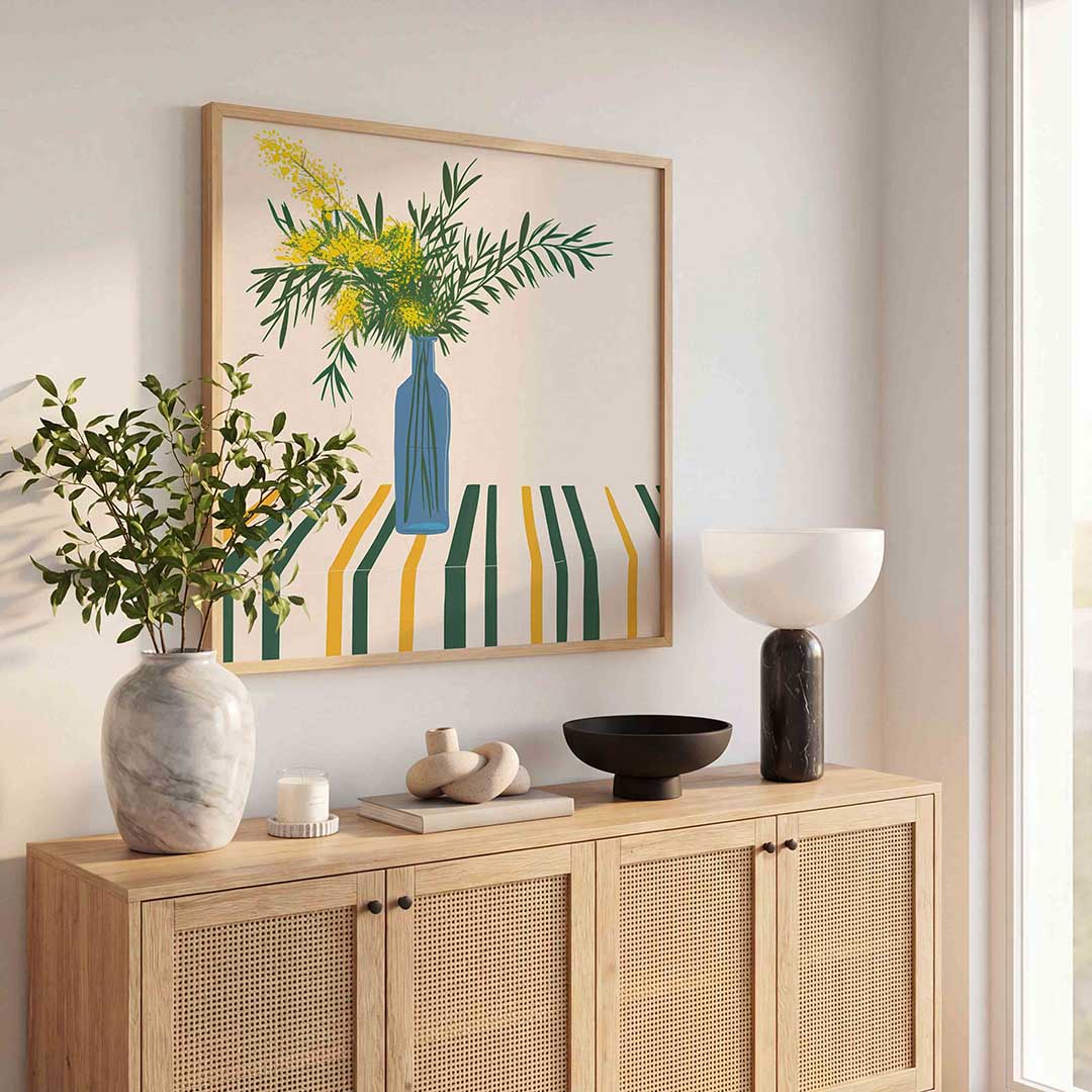 Blauwe vaas met bloemen Poster