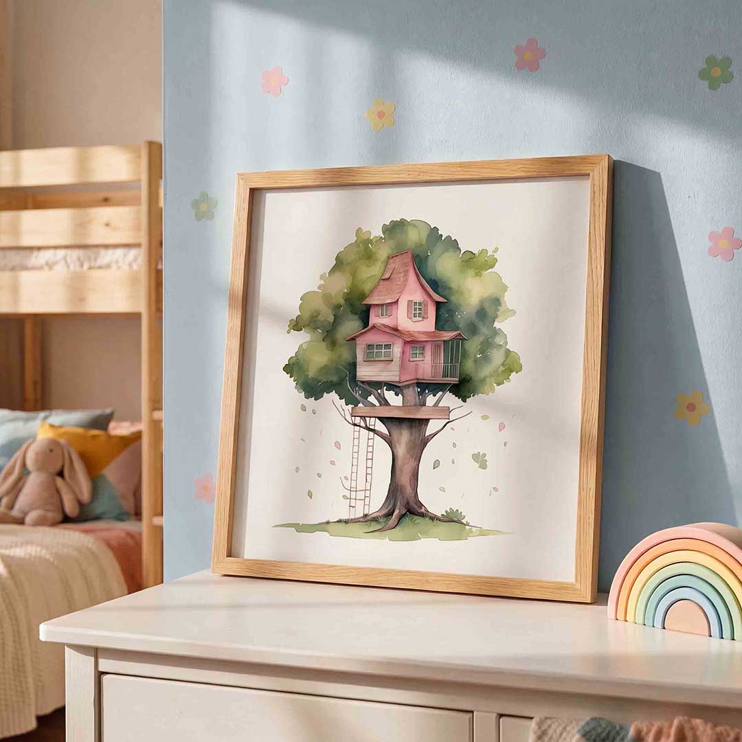 Boomhut met roze huis Poster
