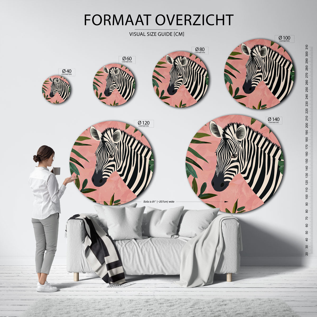 Zebra en bladeren Muurcirkel