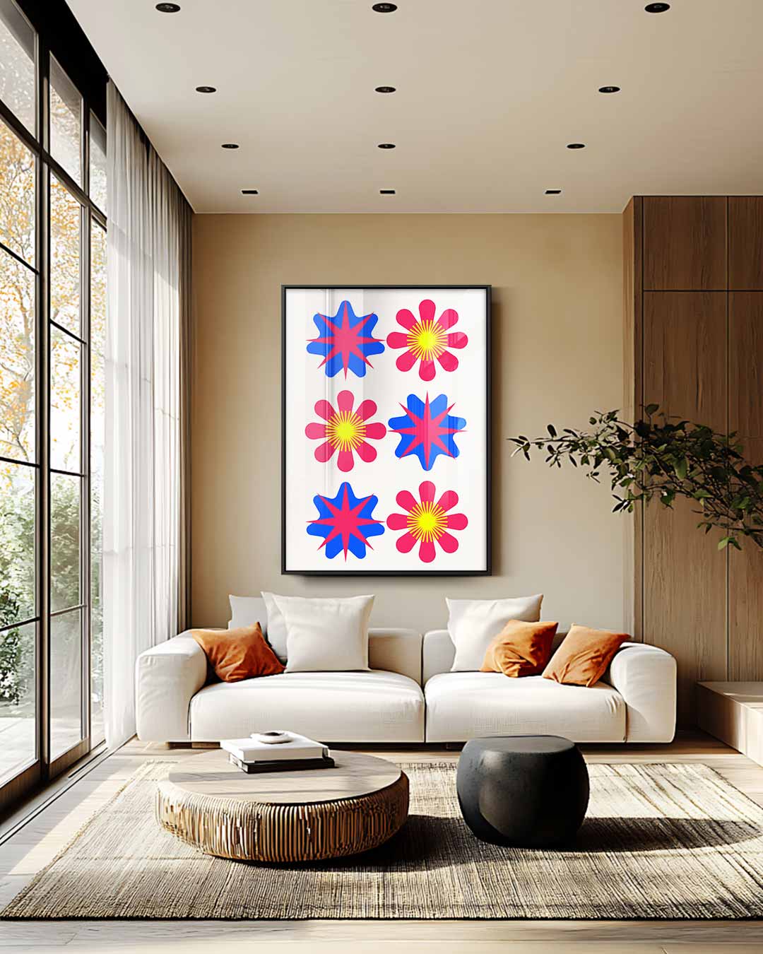 Vrolijke Bloemen- en Sterrenmix Kunstwerk-canvas-dibond-plexiglas-wanddecoratie-WallArtistic
