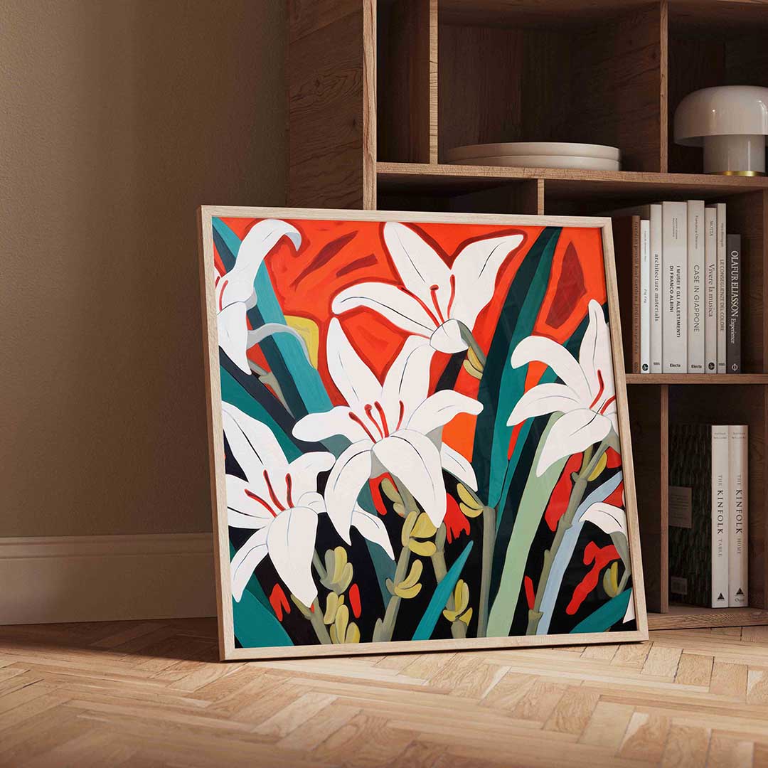 Witte bloemen op oranje achtergrond Poster