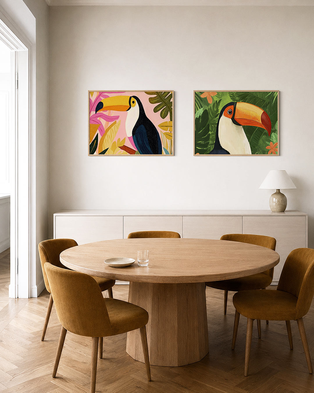 Interieurpresentatie van twee posters met een toekan omringd door kleurrijke bladeren