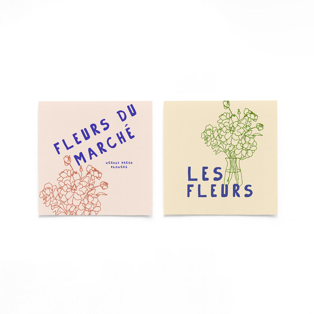 Twee vierkante posters met franse bloemen op een gebroken witte achtergrond