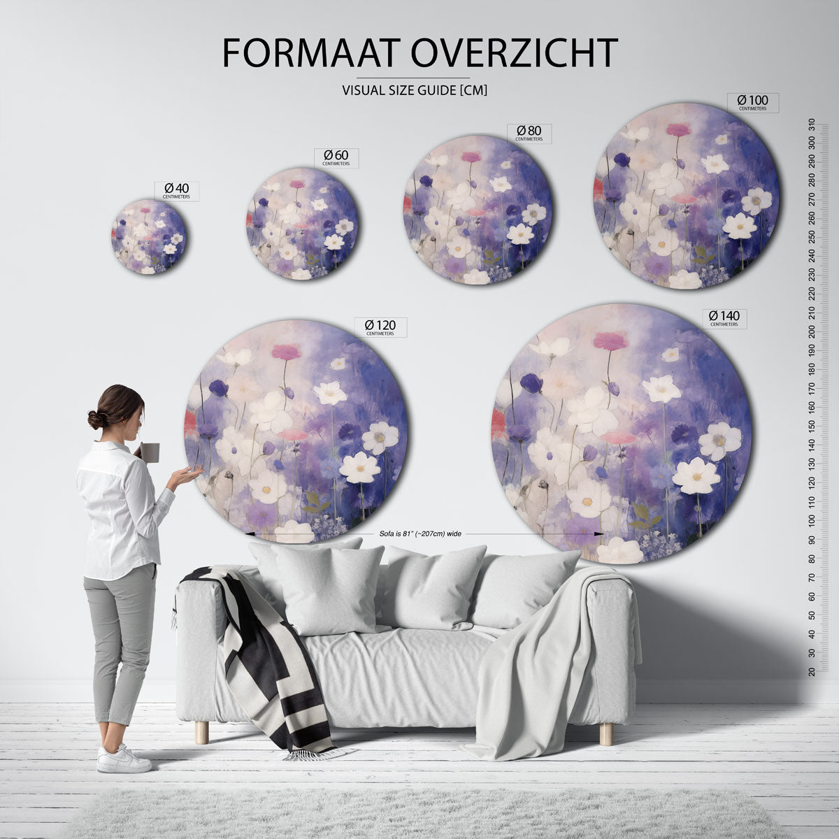 Bloemen in blauw en wit Muurcirkel