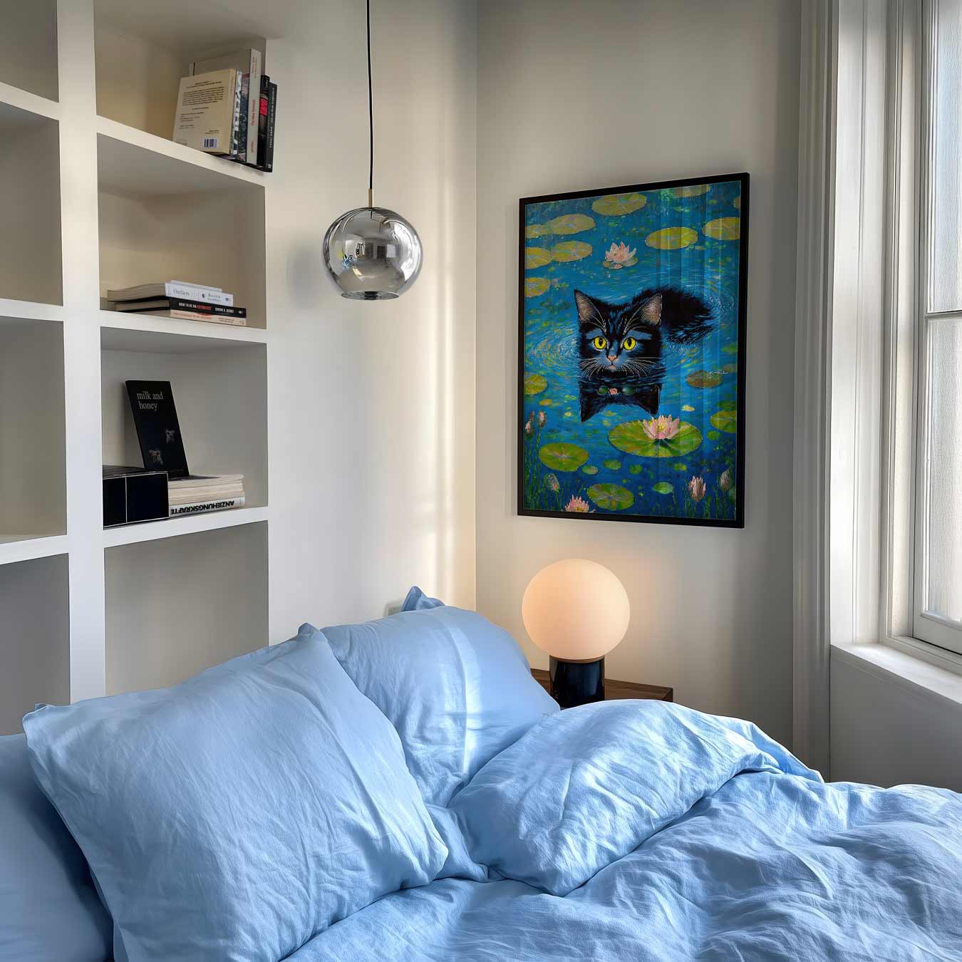 Zwemmende Kat in Waterlelies Poster-WallArtistic