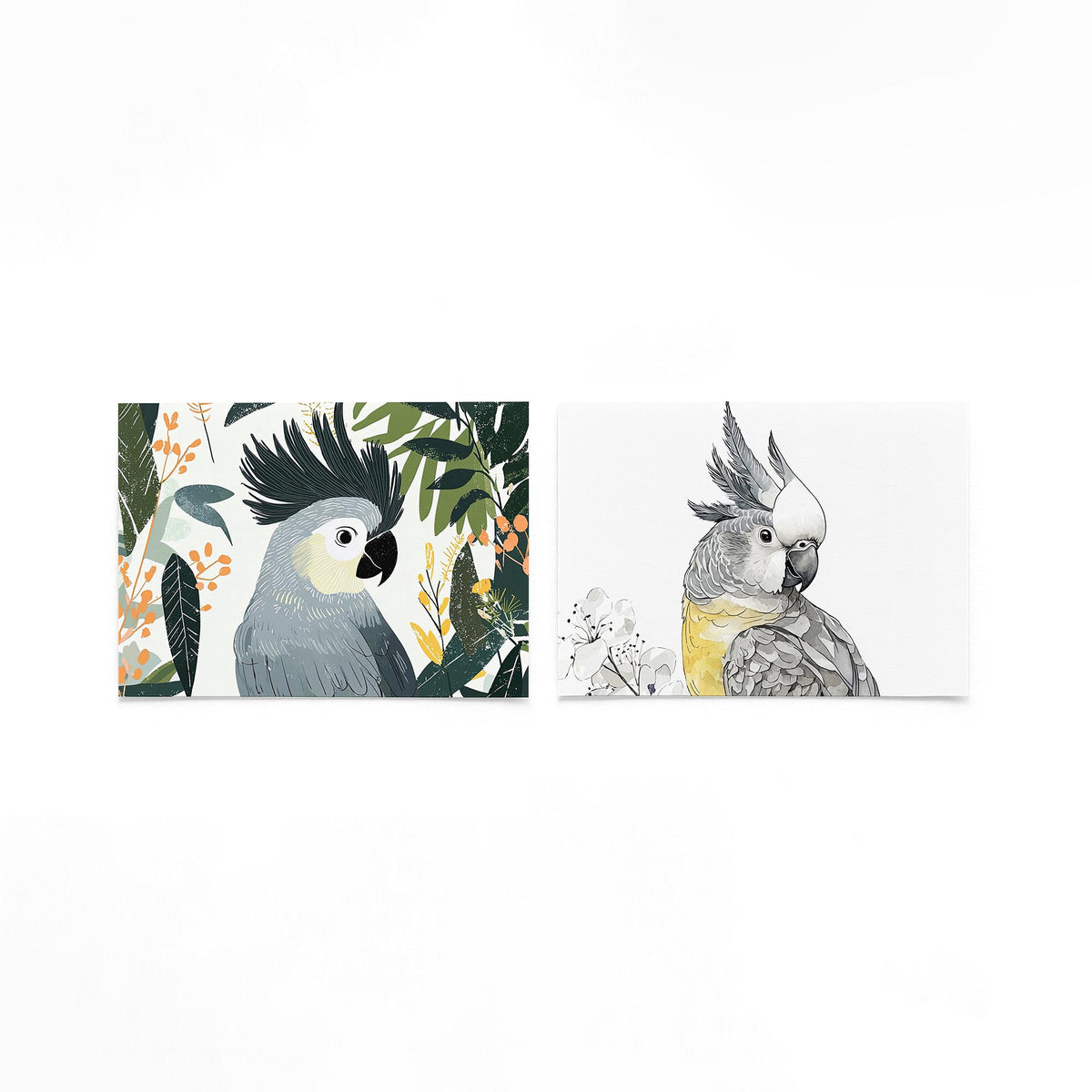Twee liggende posters met een speelse vogel met een opvallende kuif op een gebroken witte achtergrond