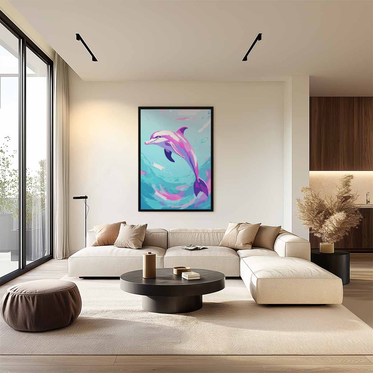 Dansende Dolfijn in Oceaan Blues Kunstwerk-canvas-dibond-plexiglas-wanddecoratie-WallArtistic