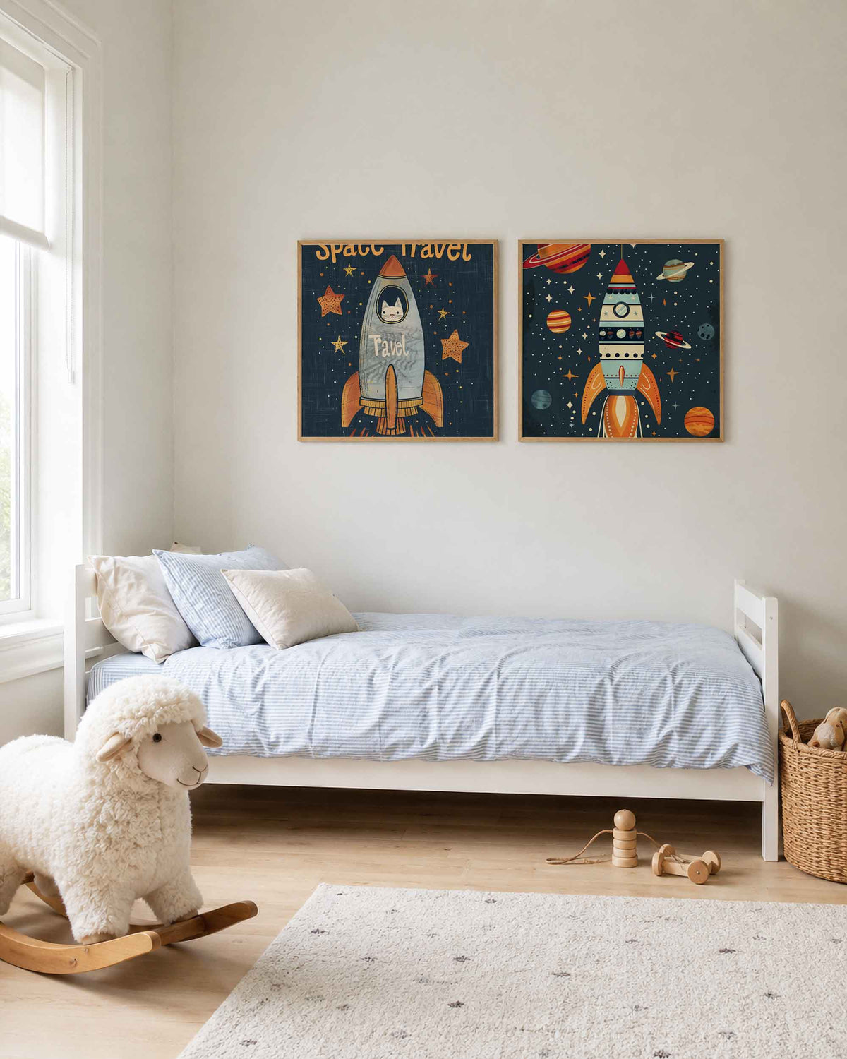 Interieurpresentatie van een tweedelige vierkante posterset met raket en planeten