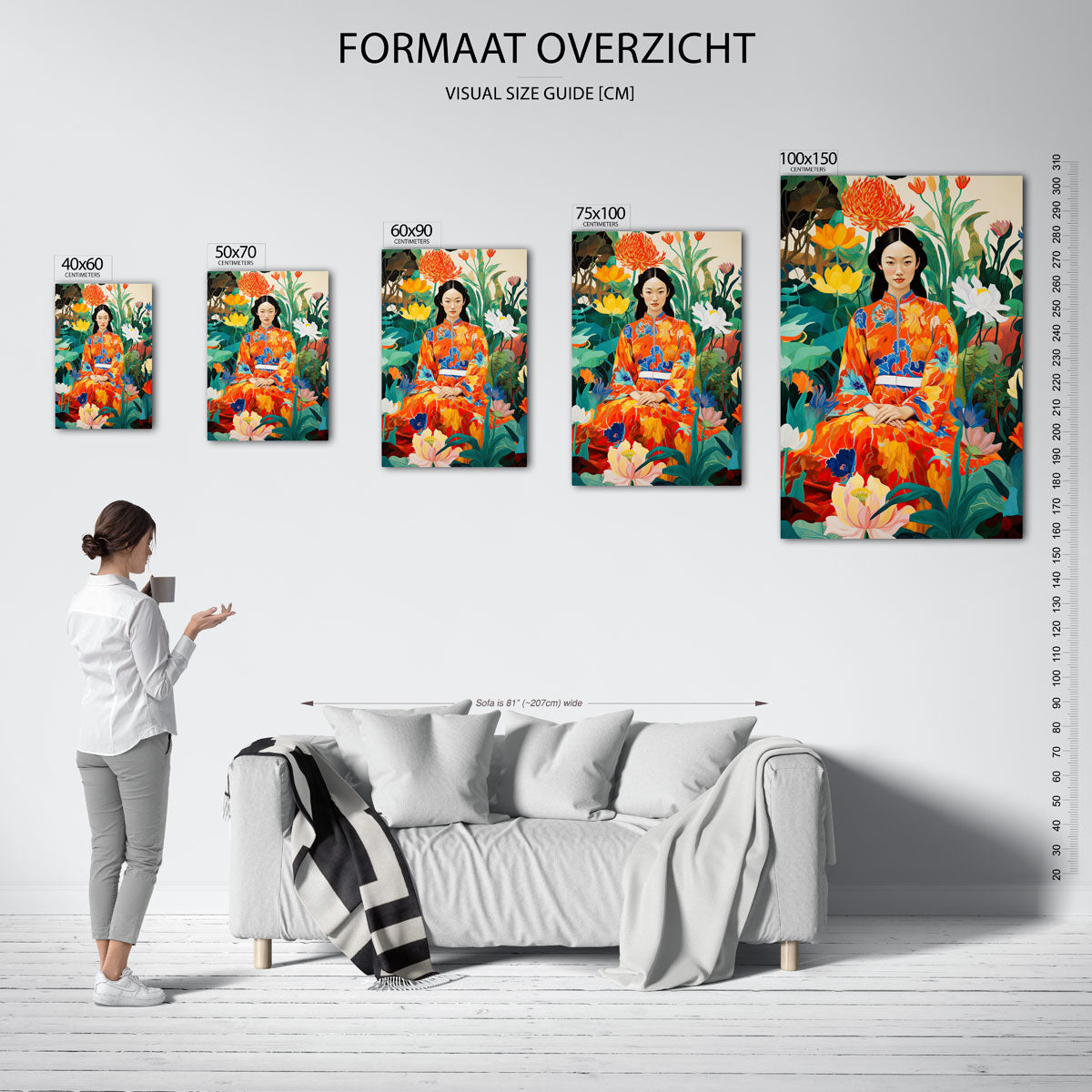 Vrouw in bloementuin Kunstwerk