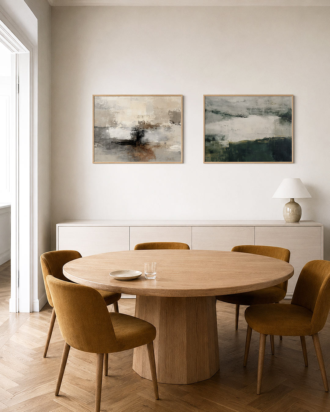 Twee liggende posters met een fijne mix van beige, grijs en bruin, aan de muur in een interieur