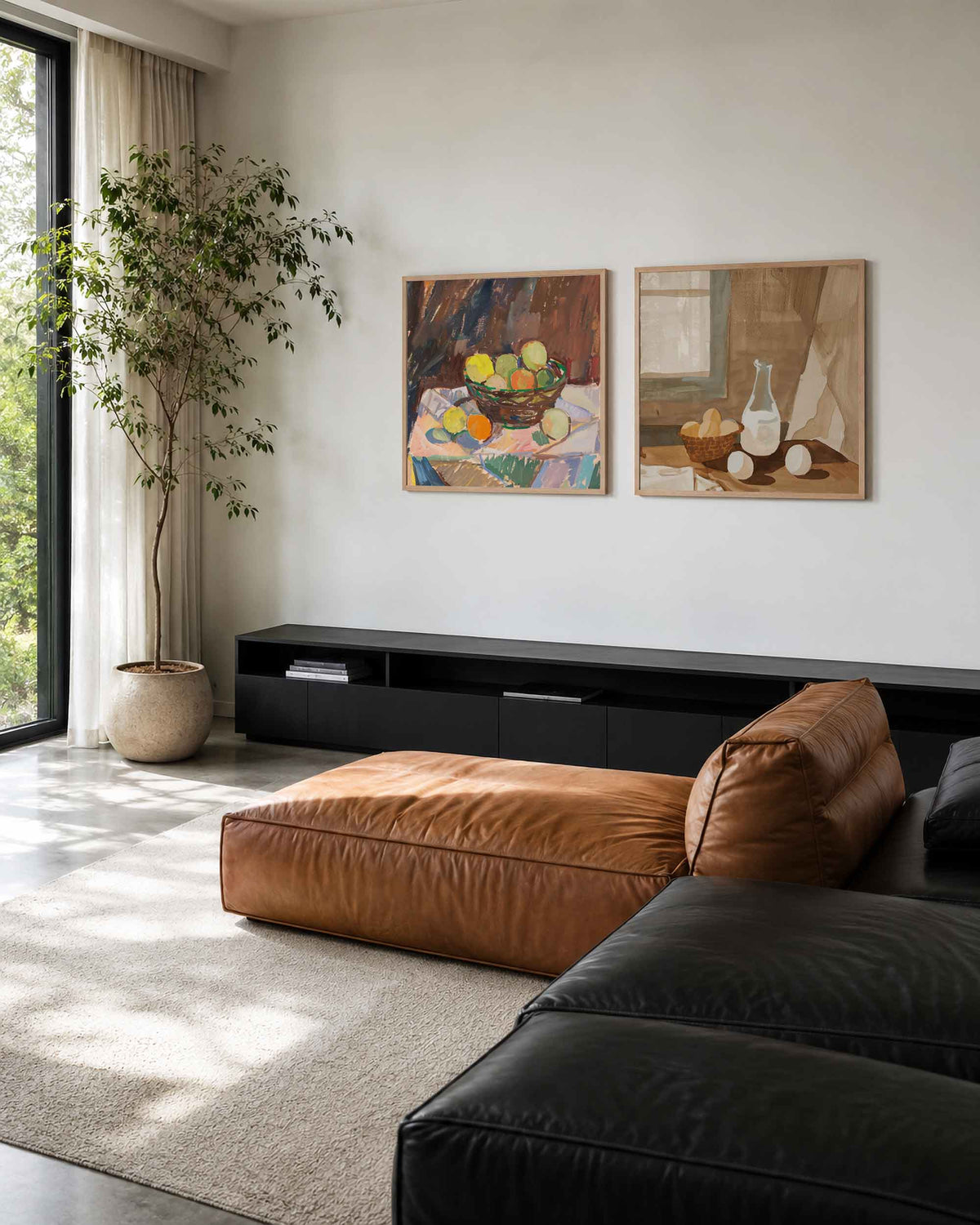 Interieurpresentatie van een tweedelige vierkante posterset met fruit en stilleven