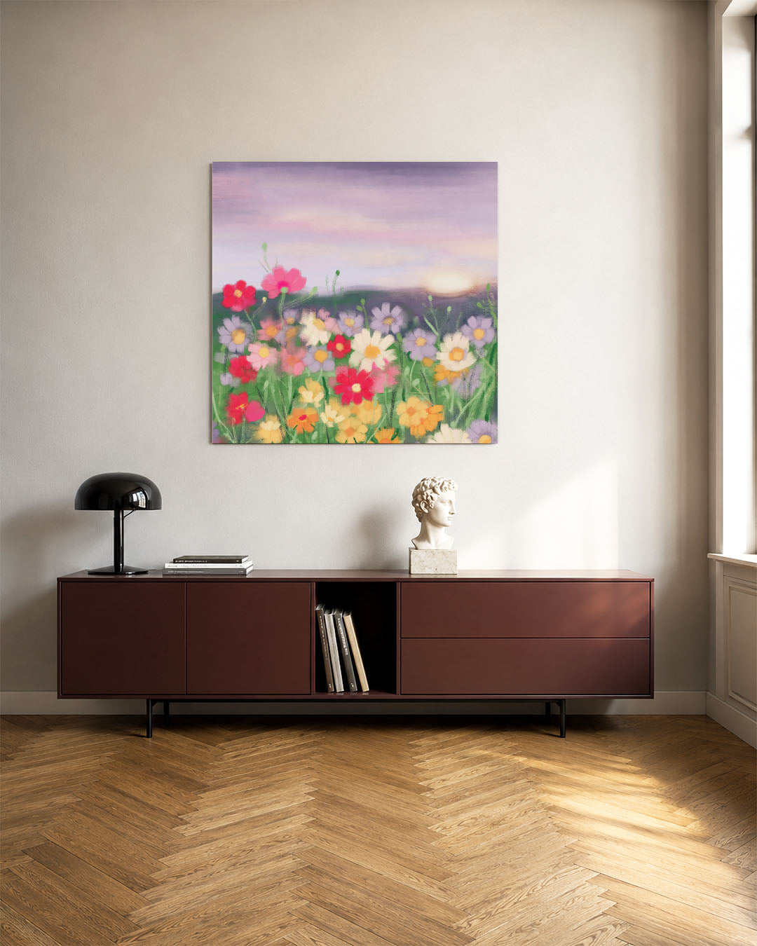 Bloemenveld bij zonsondergang Kunstwerk