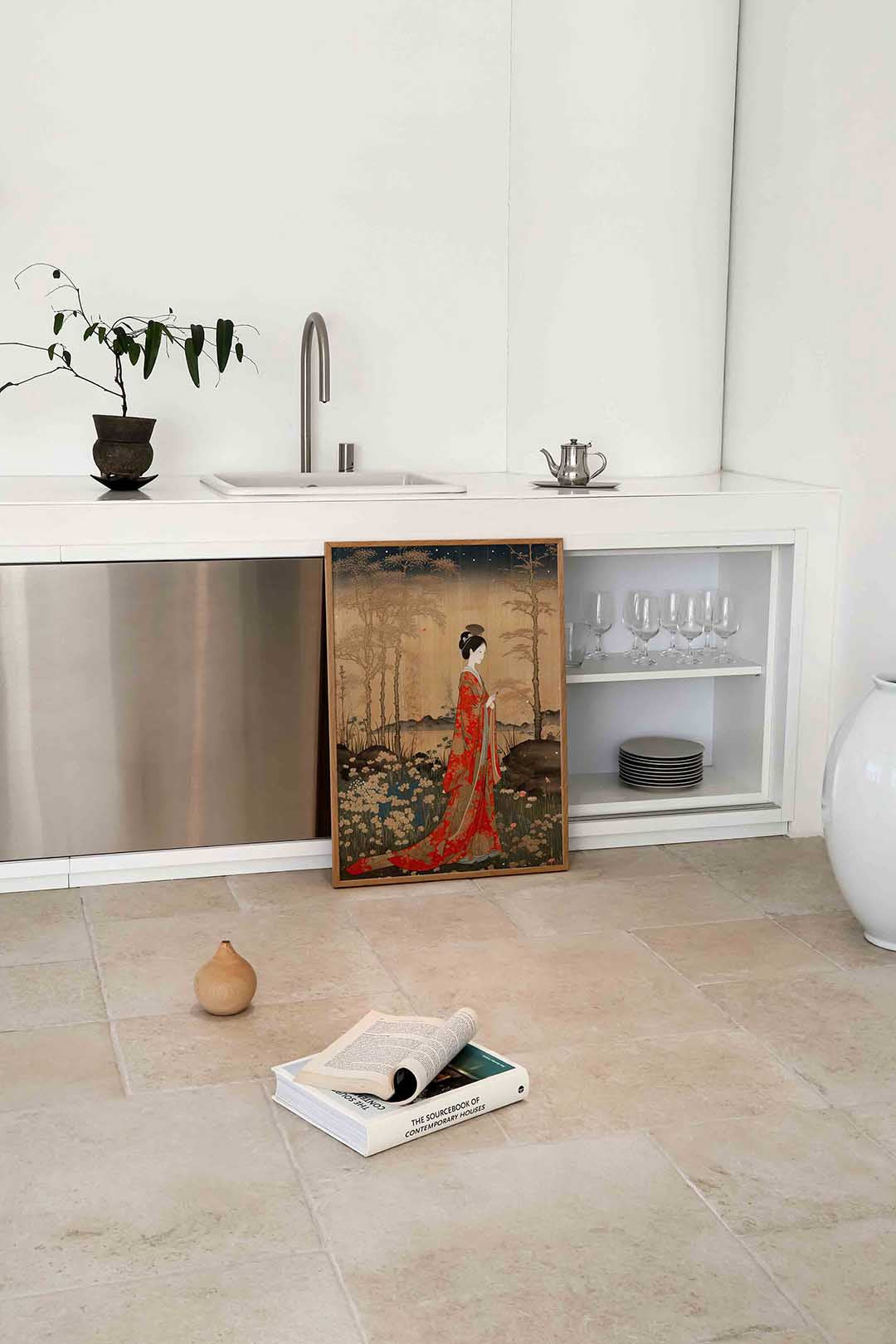 Vrouw in rode kimono Poster