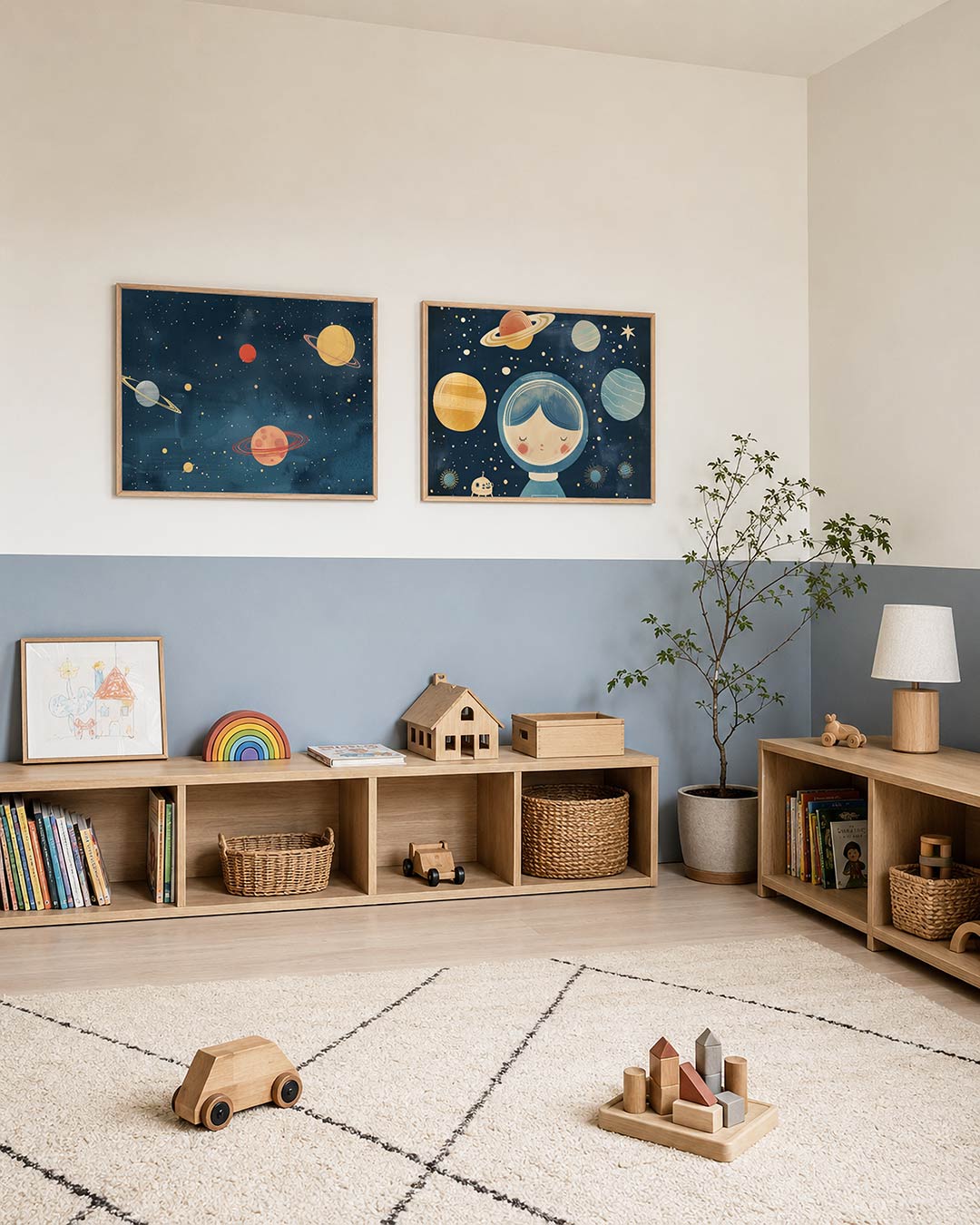 Tweedelige posterset met kleurrijke planeten op een diepblauwe achtergrond, getoond in een interieur