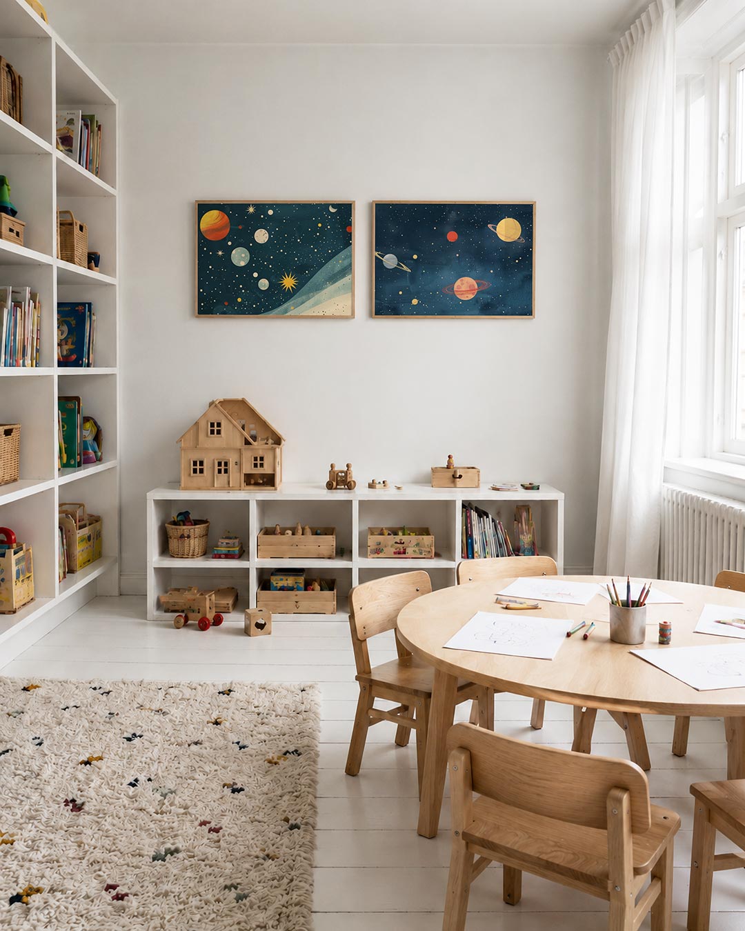 Interieurpresentatie van twee posters met donkere tinten en een rustige visuele opbouw