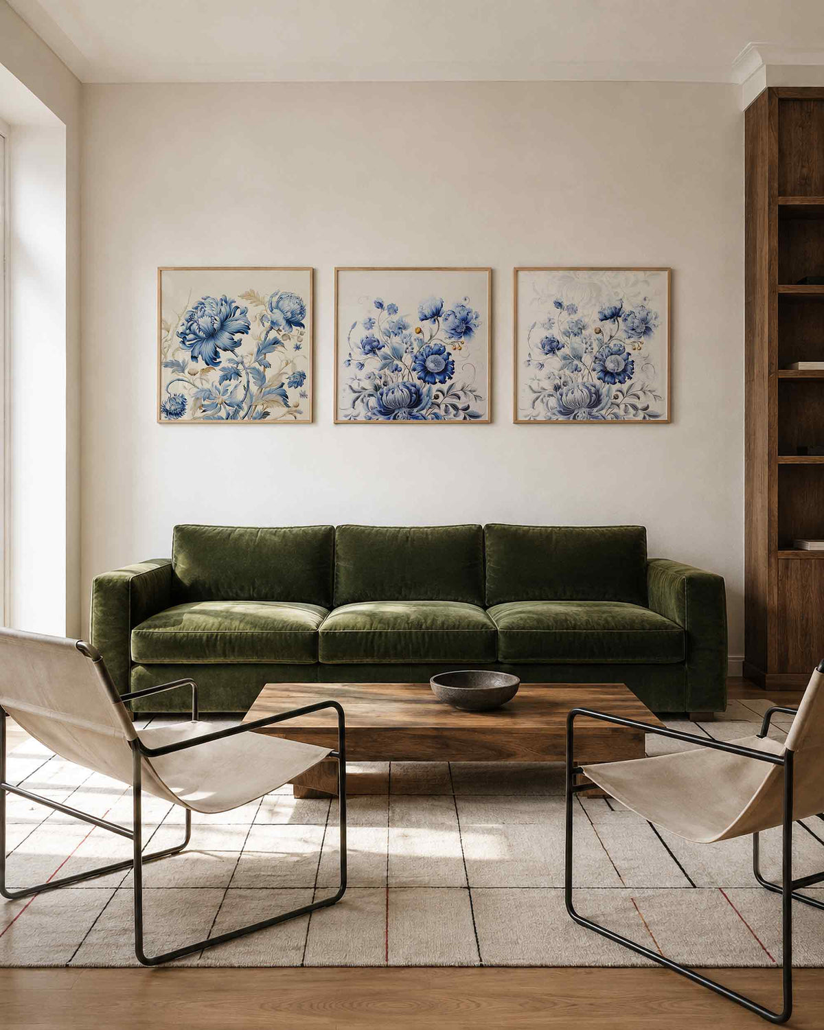 Interieurpresentatie van een driedelige vierkante posterset met blauwe bloemen