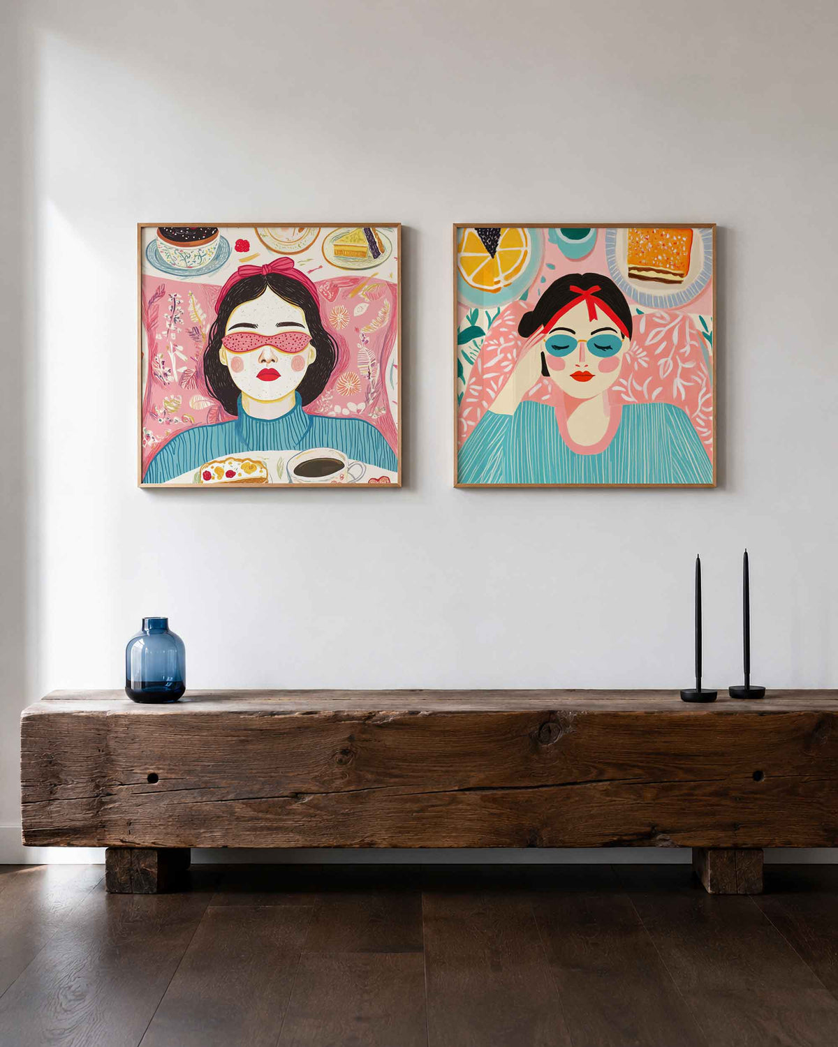 Interieurpresentatie van een tweedelige vierkante posterset met vrouwen met lekkernijen