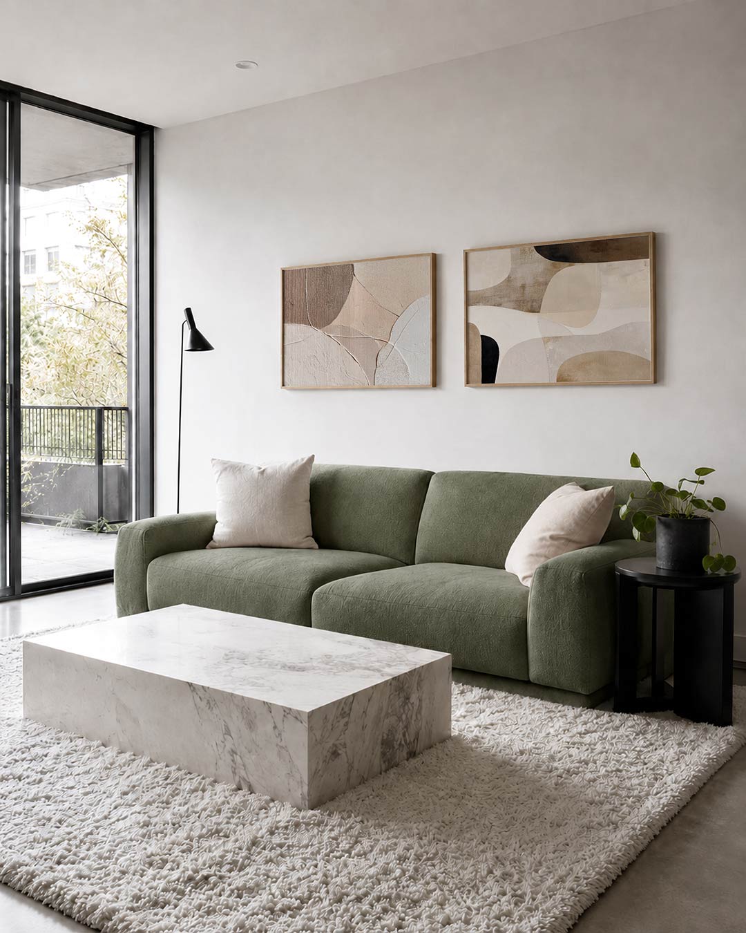 Twee liggende posters met vloeiende lijnen en zachte kleurvlakken in beige en wit, aan de muur in een interieur