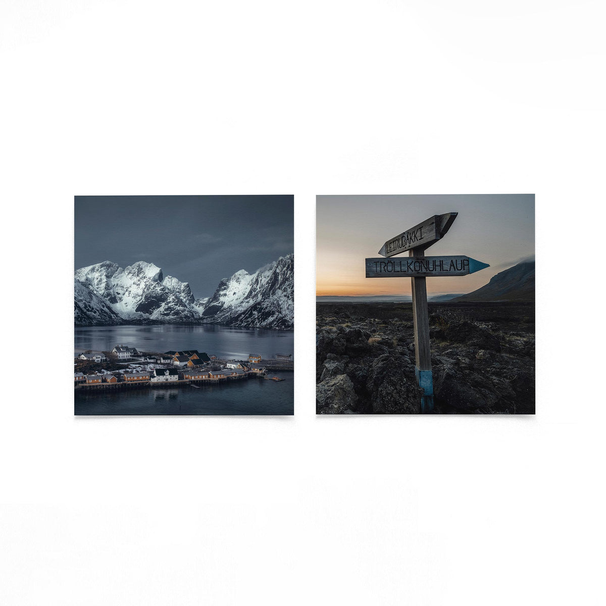 Productfoto van twee vierkante posters met noordelijke bergpaden – Gerald Emming