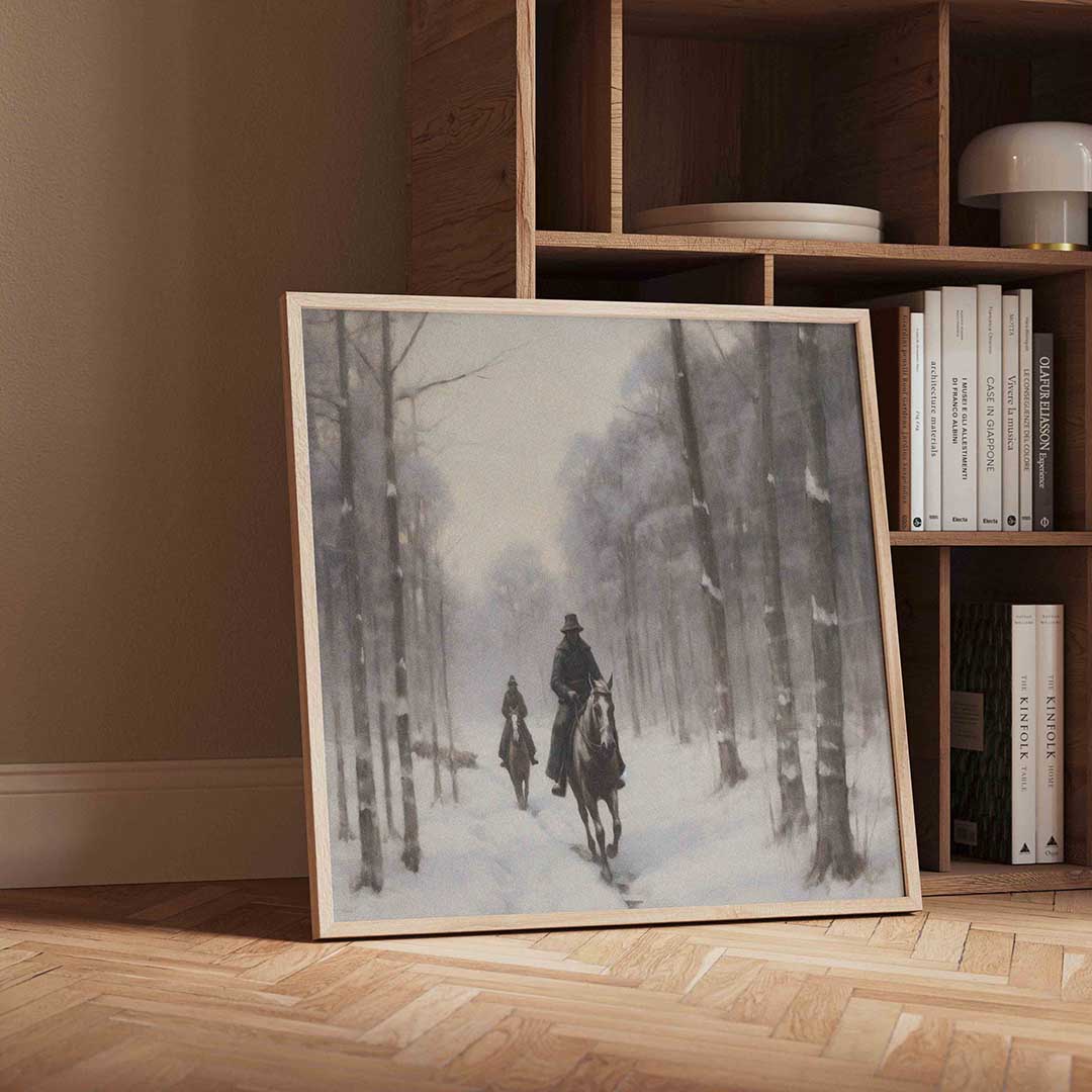 Ruiters in besneeuwd bos Poster