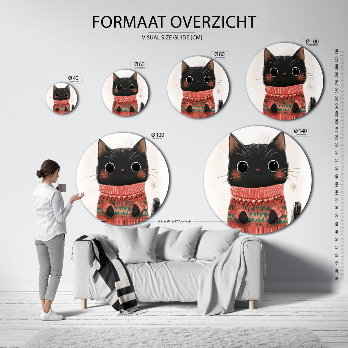 Zwarte kat met trui Muurcirkel