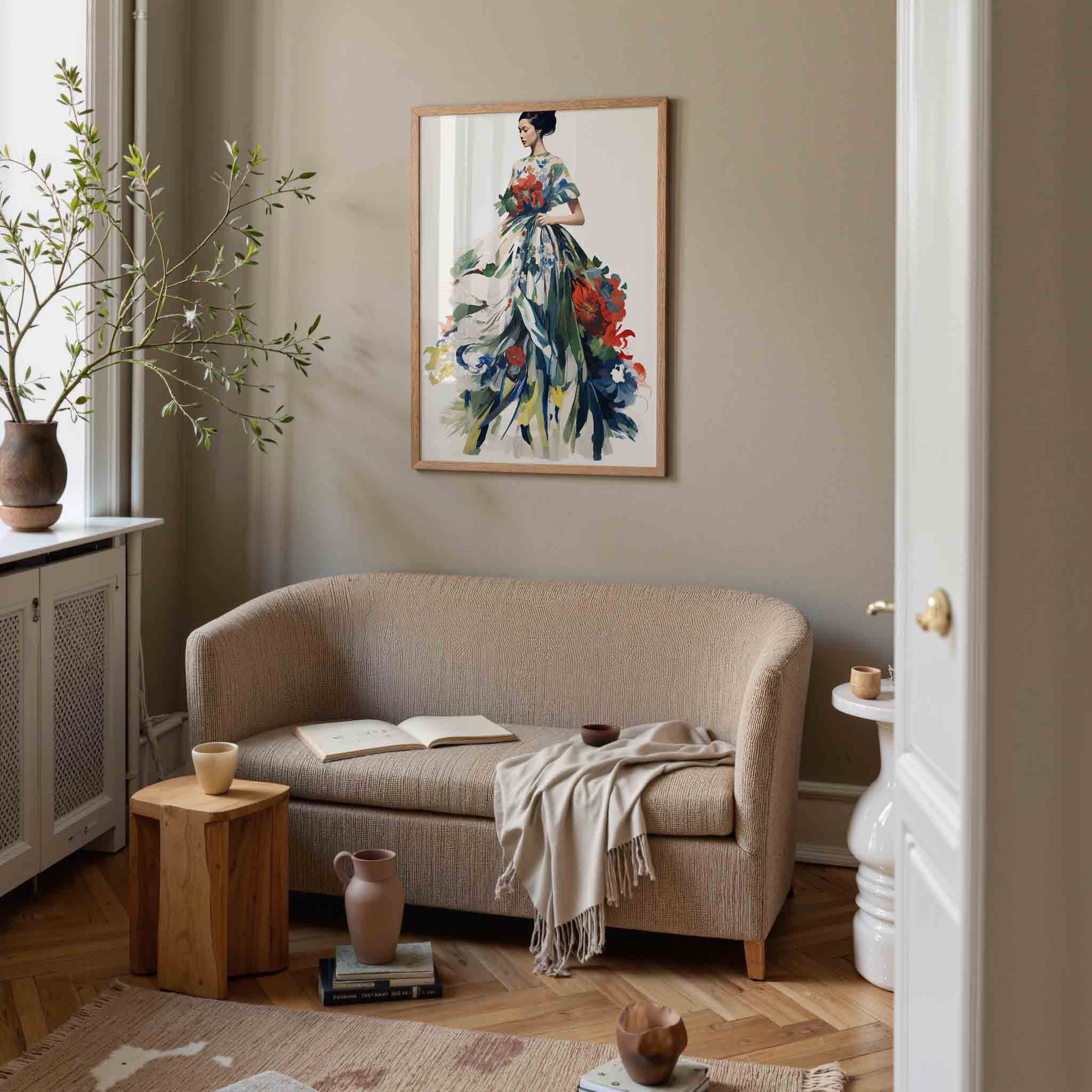 Vrouw in bloemenjurk Poster