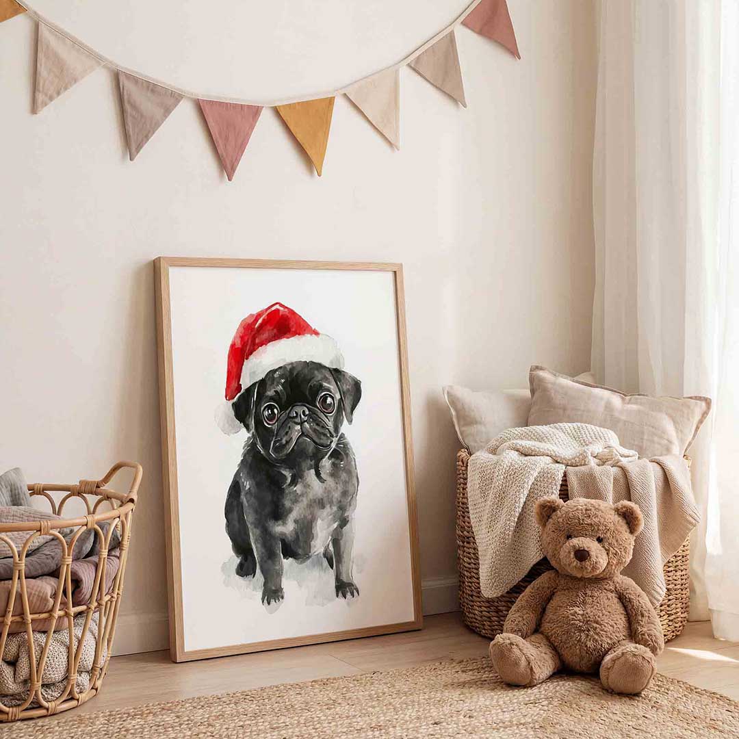 Mopshond met kerstmuts Poster