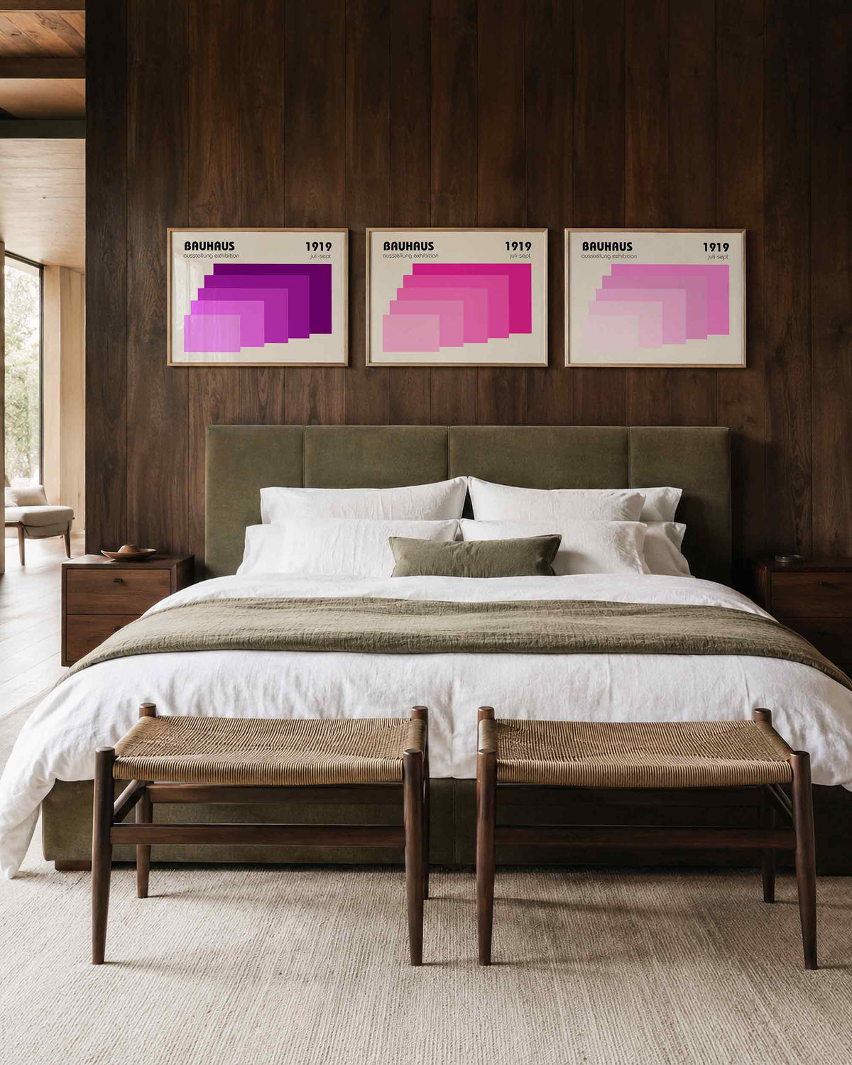 Interieurmockup van drieluik landscape-posterset met roze vlakkenreeks