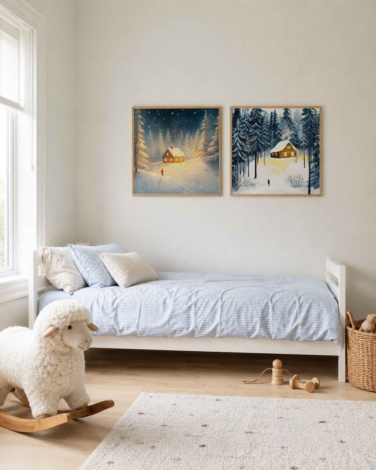 Interieurpresentatie van een tweedelige vierkante posterset met besneeuwde boshutten