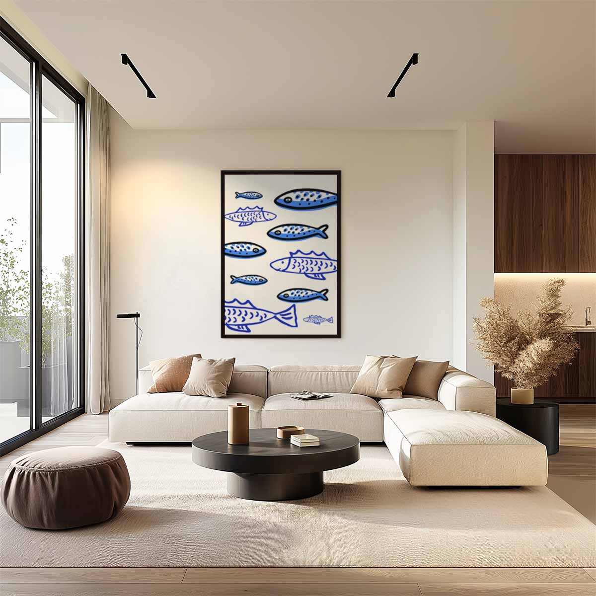 Speelse Blauw Visjes Kunstwerk-canvas-dibond-plexiglas-wanddecoratie-WallArtistic