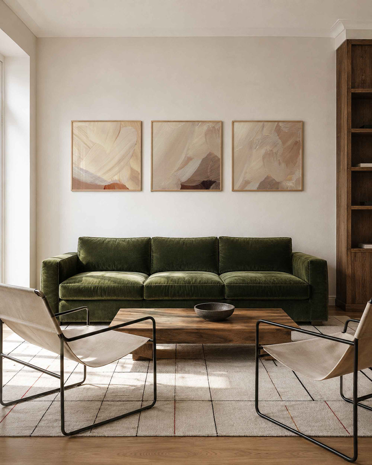 Interieurpresentatie van een driedelige vierkante posterset met abstracte beige schilderijen