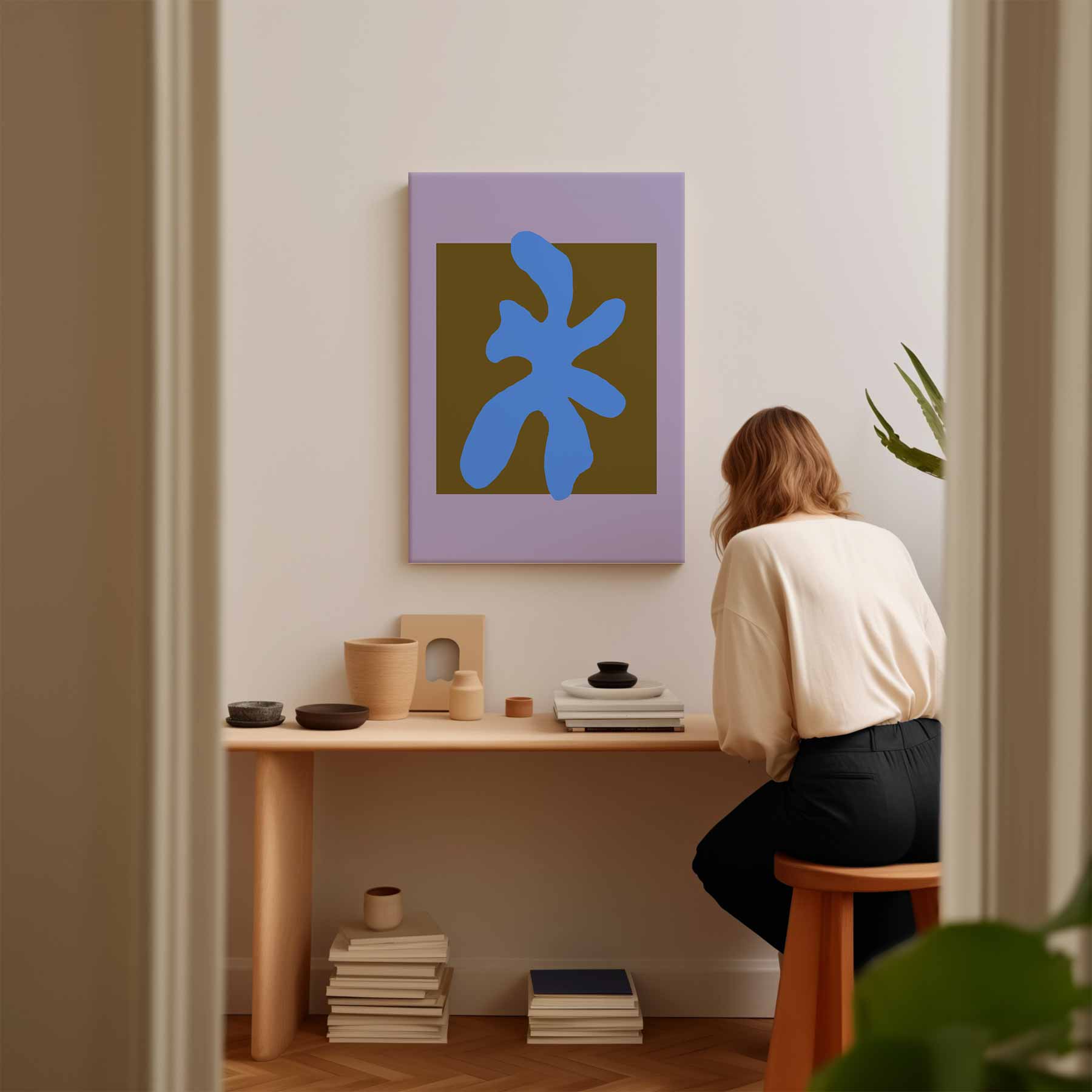 Abstracte Blauw Op Kleurblok Kunstwerk-canvas-dibond-plexiglas-wanddecoratie-WallArtistic