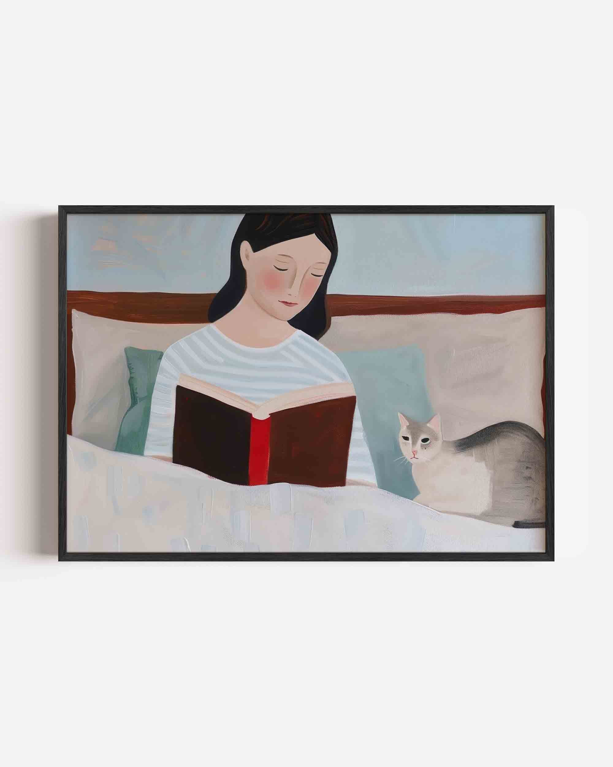 Lezende vrouw met kat Poster