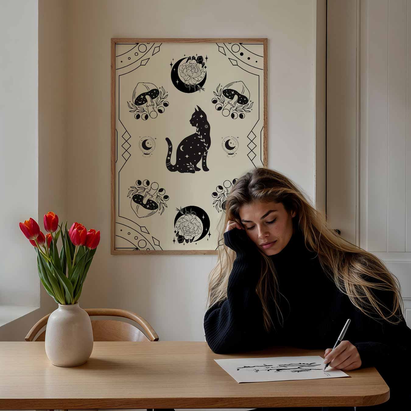 Mystieke Kat & Paddenstoelen Poster-WallArtistic
